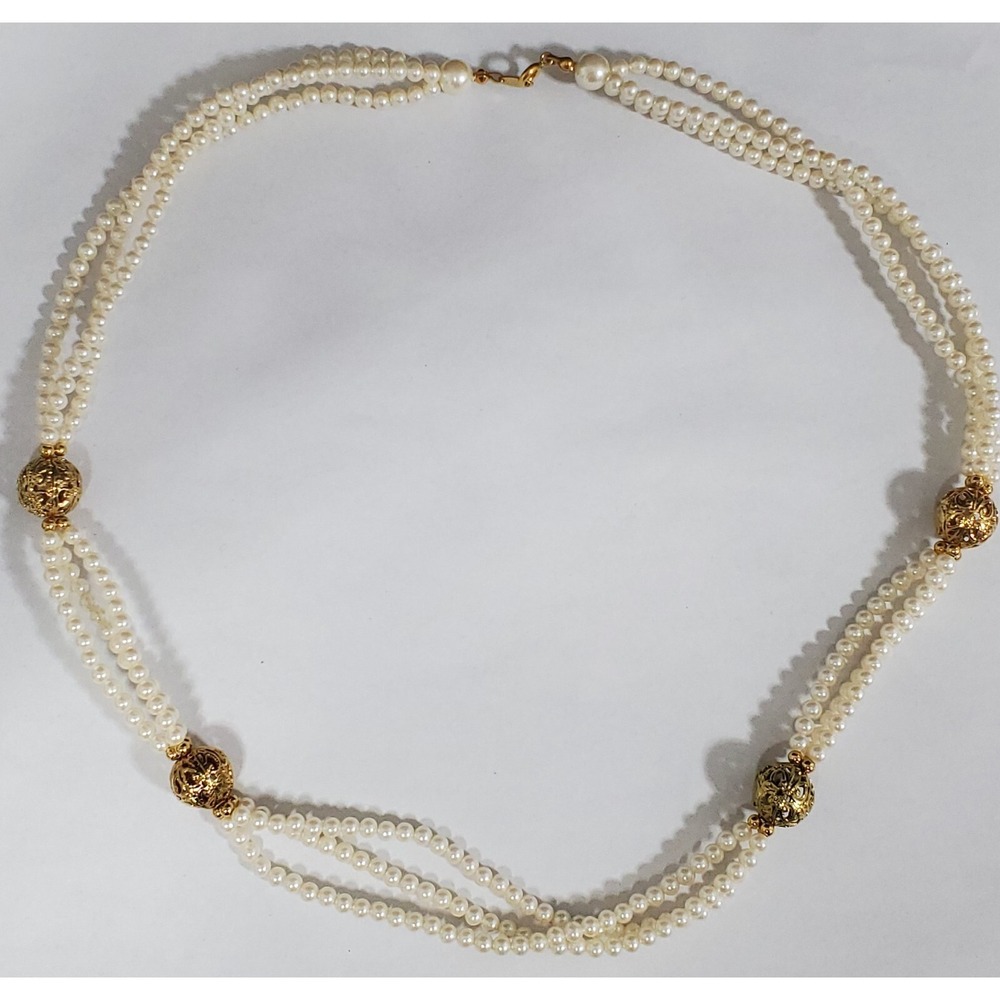 Vintage Trifari Necklace‎ Triple Strand Faux Pearl Gold-Tone Filigree Beads 23"